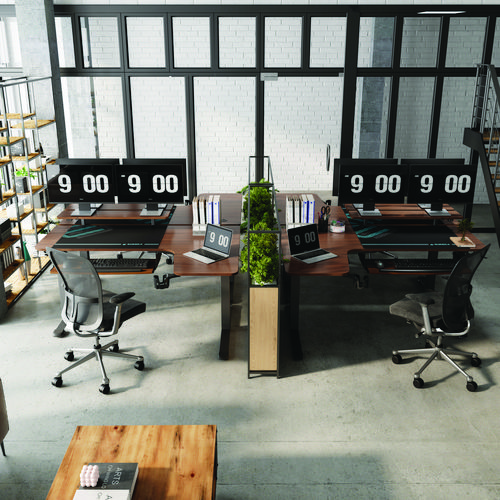 Picture of L-Shaped Standing Desk with Keyboard Tray, Right Desk, 61.25" x 43.25" x 34.38" to 52.88", Walnut/Black