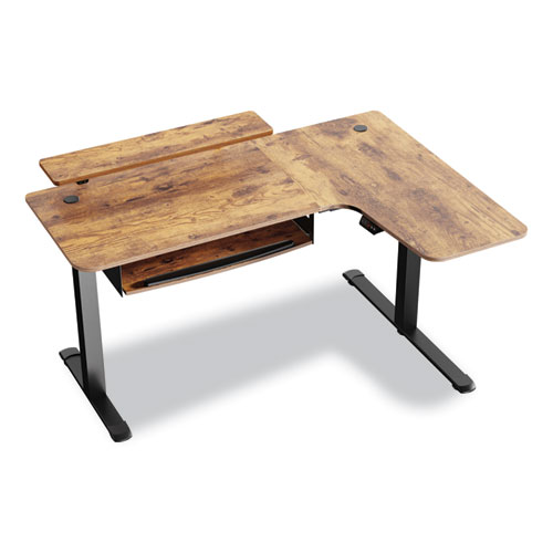 Picture of L-Shaped Standing Desk with Keyboard Tray, Right Desk, 61.25" x 43.25" x 34.38" to 52.88", Rustic Brown/Black