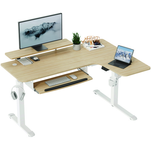 Picture of L-Shaped Standing Desk with Keyboard Tray, Right Desk, 61.25" x 43.25" x 34.38" to 52.88", Maple White/White