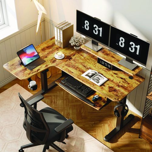 Picture of L-Shaped Standing Desk with Keyboard Tray, Left Desk, 61.25" x 43.25" x 34.38" to 52.88", Rustic Brown/Black