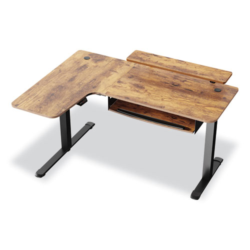 Picture of L-Shaped Standing Desk with Keyboard Tray, Left Desk, 61.25" x 43.25" x 34.38" to 52.88", Rustic Brown/Black