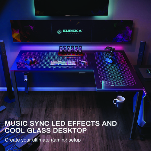 Picture of RGB LED Lights Glass Gaming Desk, 60" x 40.25" x 30", Black