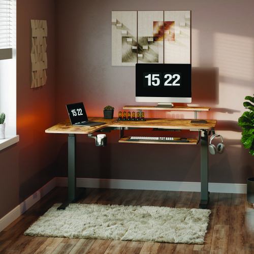 Picture of L-Shaped Standing Desk with Keyboard Tray, Left Desk, 61.25" x 43.25" x 34.38" to 52.88", Rustic Brown/Black