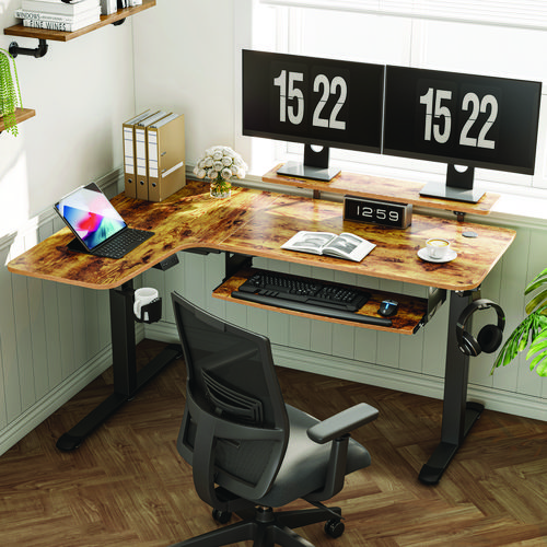 Picture of L-Shaped Standing Desk with Keyboard Tray, Right Desk, 61.25" x 43.25" x 34.38" to 52.88", Rustic Brown/Black