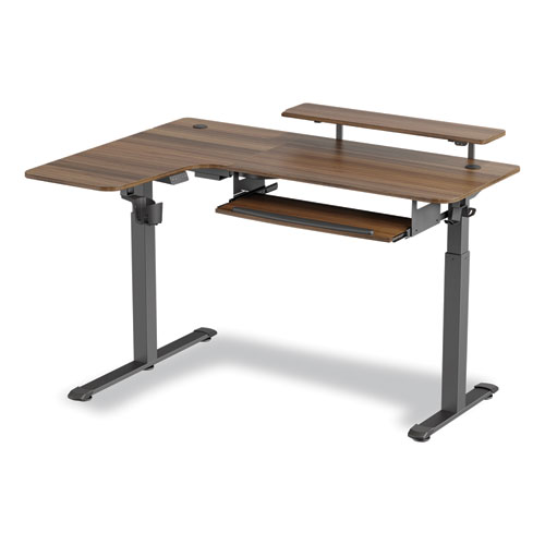 Picture of L-Shaped Standing Desk with Keyboard Tray, Left Desk, 61.25" x 43.25" x 34.38" to 52.88", Walnut/Black