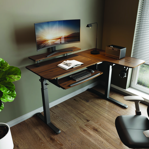Picture of L-Shaped Standing Desk with Keyboard Tray, Right Desk, 61.25" x 43.25" x 34.38" to 52.88", Walnut/Black