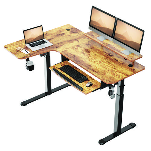 Picture of L-Shaped Standing Desk with Keyboard Tray, Right Desk, 61.25" x 43.25" x 34.38" to 52.88", Rustic Brown/Black