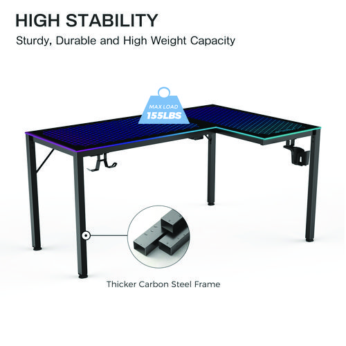 Picture of RGB LED Lights Glass Gaming Desk, 60" x 40.25" x 30", Black