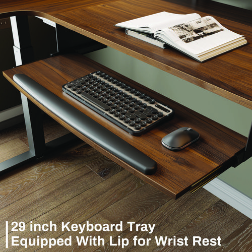 Picture of L-Shaped Standing Desk with Keyboard Tray, Left Desk, 61.25" x 43.25" x 34.38" to 52.88", Walnut/Black