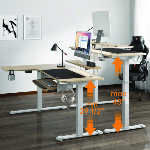 Picture of L-Shaped Standing Desk with Keyboard Tray, Right Desk, 61.25" x 43.25" x 34.38" to 52.88", Maple White/White