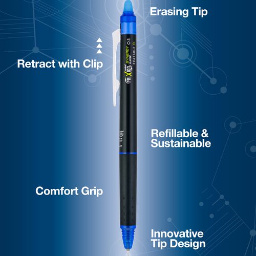 Picture of FriXion Synergy Clicker Erasable Gel Pen, Retractable, Extra-Fine 0.5 mm, Blue Ink, Black/Blue Barrel, Dozen