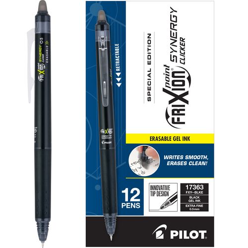 Picture of FriXion Synergy Clicker Erasable Gel Pen, Retractable, Extra-Fine 0.5 mm, Black Ink, Black/Smoke Barrel, Dozen