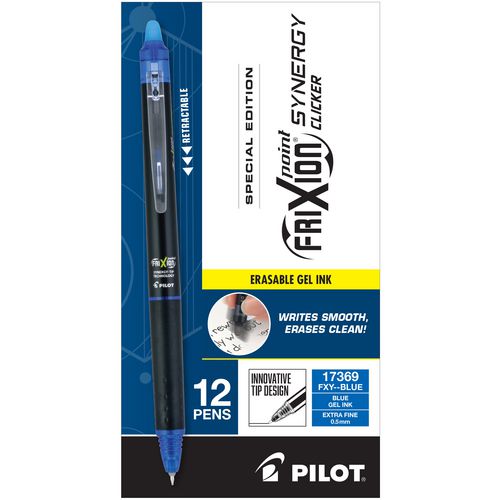 Picture of FriXion Synergy Clicker Erasable Gel Pen, Retractable, Extra-Fine 0.5 mm, Blue Ink, Black/Blue Barrel, Dozen