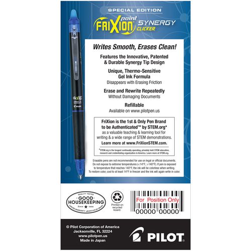 Picture of FriXion Synergy Clicker Erasable Gel Pen, Retractable, Extra-Fine 0.5 mm, Blue Ink, Black/Blue Barrel, Dozen