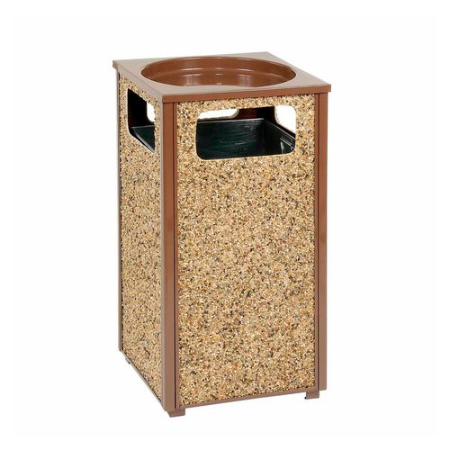 Picture of Stone Panel All Weather Trash Receptacle Urn, Open Ashtray Top, 24 gal, Steel, Brown