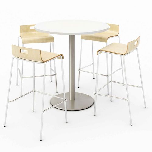 Picture of Pedestal Bistro Table with Four Natural Jive Series Barstools, Round, 36" Dia x 41h, Designer White
