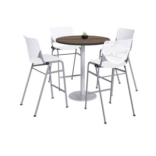 Picture of Pedestal Bistro Table with Four White Kool Series Barstools, Round, 36" Dia x 41h, Studio Teak