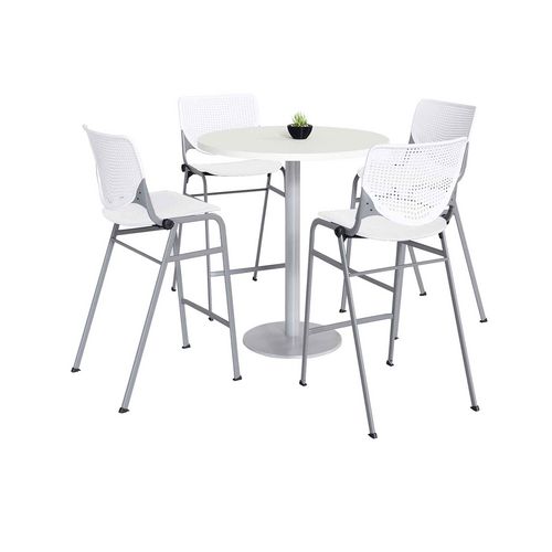 Picture of Pedestal Bistro Table with Four White Kool Series Barstools, Round, 36" Dia x 41h, Designer White