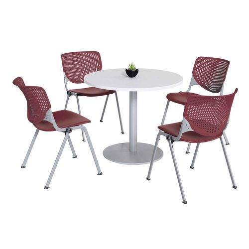 Picture of Pedestal Table with Four Burgundy Kool Series Chairs, Round, 36" Dia x 29h, Designer White
