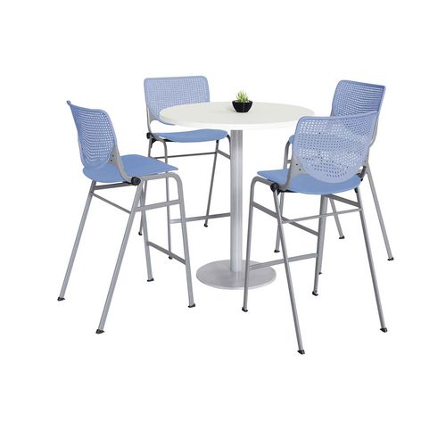 Picture of Pedestal Bistro Table with Four Periwinkle Kool Series Barstools, Round, 36" Dia x 41h, Designer White