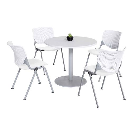 Picture of Pedestal Table with Four White Kool Series Chairs, Round, 36" Dia x 29h, Designer White