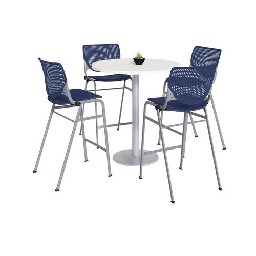 Picture of Pedestal Bistro Table with Four Navy Kool Series Barstools, Round, 36" Dia x 41h, Designer White