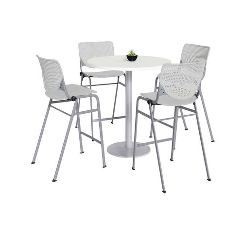 Picture of Pedestal Bistro Table with Four Light Gray Kool Series Barstools, Round, 36" Dia x 41h, Designer White