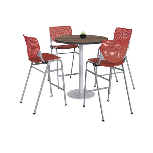 Picture of Pedestal Bistro Table with Four Coral Kool Series Barstools, Round, 36" Dia x 41h, Studio Teak