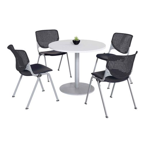 Picture of Pedestal Table with Four Black Kool Series Chairs, Round, 36" Dia x 29h, Designer White