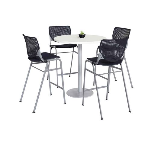 Picture of Pedestal Bistro Table with Four Black Kool Series Barstools, Round, 36" Dia x 41h, Designer White
