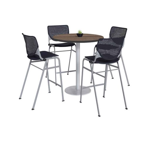 Picture of Pedestal Bistro Table with Four Black Kool Series Barstools, Round, 36" Dia x 41h, Studio Teak