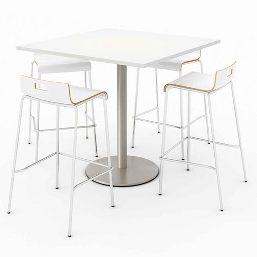 Picture of Pedestal Bistro Table with Four White Jive Series Barstools, Square, 36 x 36 x 41, Designer White
