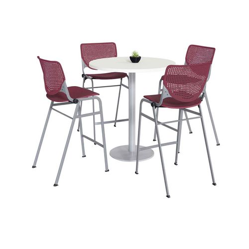 Picture of Pedestal Bistro Table with Four Burgundy Kool Series Barstools, Round, 36" Dia x 41h, Designer White