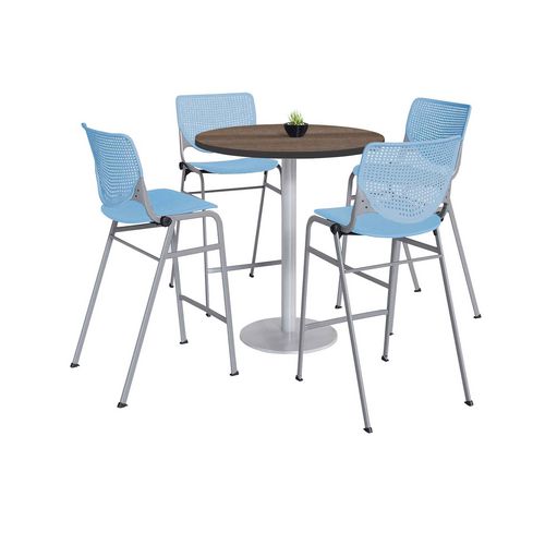 Picture of Pedestal Bistro Table with Four Sky Blue Kool Series Barstools, Round, 36" Dia x 41h, Studio Teak