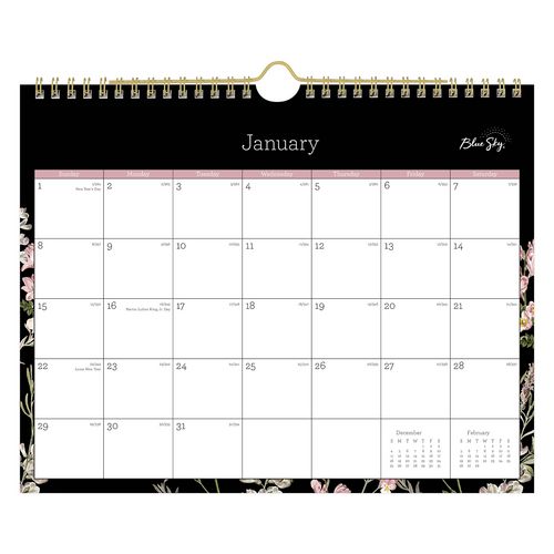 Picture of Neveah Monthly Wall Calendar, Floral Artwork, 11" x 8.75", White/Black/Pink Sheets, 12-Month (Jan to Dec): 2025