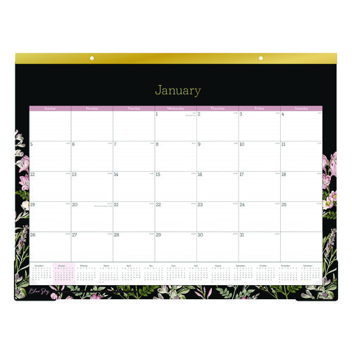 Picture of Neveah Monthly Desk Pad Calendar, Floral Artwork, 22" x 17", White/Black/Pink Sheets, Gold Headband, 12-Month (Jan-Dec): 2025