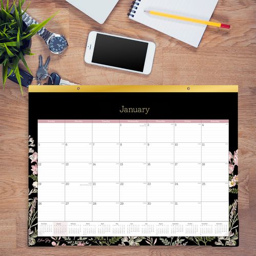 Picture of Neveah Monthly Desk Pad Calendar, Floral Artwork, 22" x 17", White/Black/Pink Sheets, Gold Headband, 12-Month (Jan-Dec): 2025