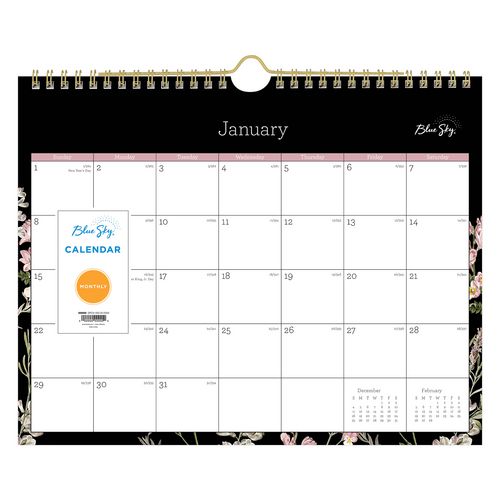 Picture of Neveah Monthly Wall Calendar, Floral Artwork, 11" x 8.75", White/Black/Pink Sheets, 12-Month (Jan to Dec): 2025