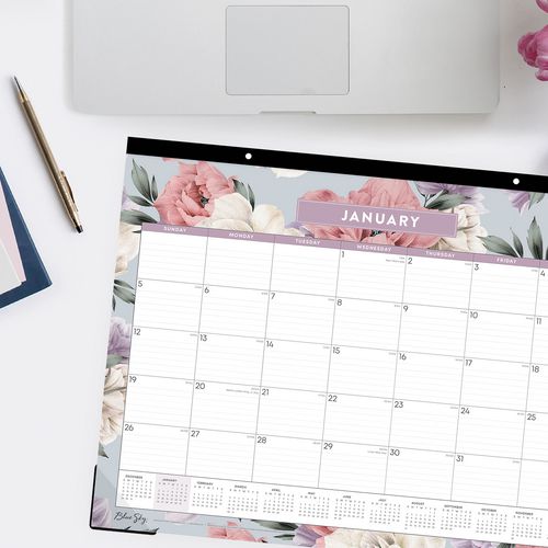 Picture of Tula Monthly Desk Pad Calendar, Floral Artwork, 22" x 17", White/Purple/Pink Sheets, Black Headband, 12-Month (Jan-Dec): 2025