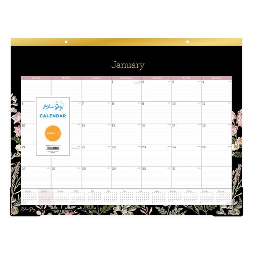 Picture of Neveah Monthly Desk Pad Calendar, Floral Artwork, 22" x 17", White/Black/Pink Sheets, Gold Headband, 12-Month (Jan-Dec): 2025