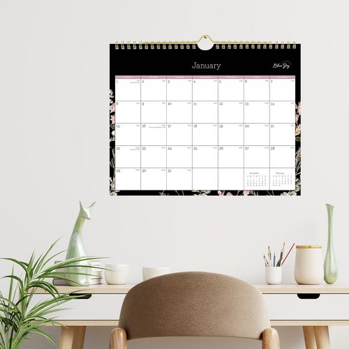 Picture of Neveah Monthly Wall Calendar, Floral Artwork, 11" x 8.75", White/Black/Pink Sheets, 12-Month (Jan to Dec): 2025