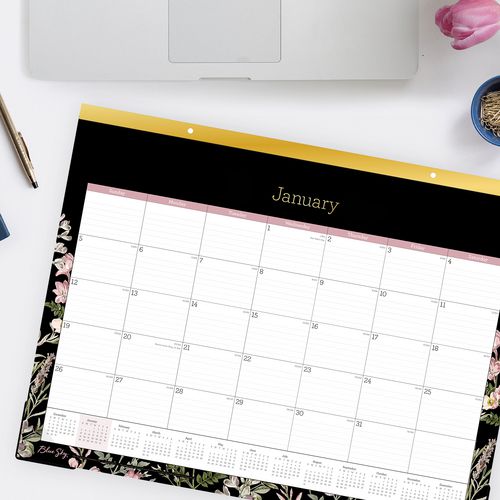 Picture of Neveah Monthly Desk Pad Calendar, Floral Artwork, 22" x 17", White/Black/Pink Sheets, Gold Headband, 12-Month (Jan-Dec): 2025