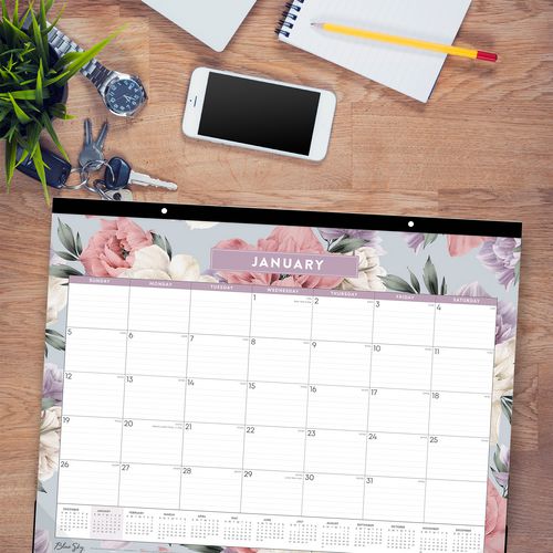 Picture of Tula Monthly Desk Pad Calendar, Floral Artwork, 22" x 17", White/Purple/Pink Sheets, Black Headband, 12-Month (Jan-Dec): 2025