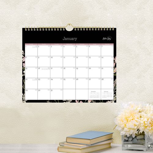 Picture of Neveah Monthly Wall Calendar, Floral Artwork, 11" x 8.75", White/Black/Pink Sheets, 12-Month (Jan to Dec): 2025