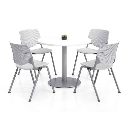 Picture of Pedestal Table with Four Light Gray Kool Series Chairs, Round, 36" Dia x 29h, Designer White