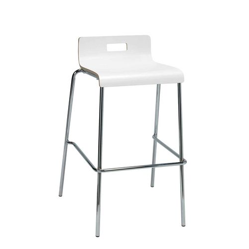 Picture of Pedestal Bistro Table with Four White Jive Series Barstools, Round, 36" Dia x 41h, Studio Teak