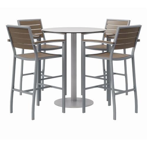 Picture of Eveleen Outdoor Bistro Patio Table with Four Mocha Powder-Coated Polymer Barstools, Round, 41"h, Gray