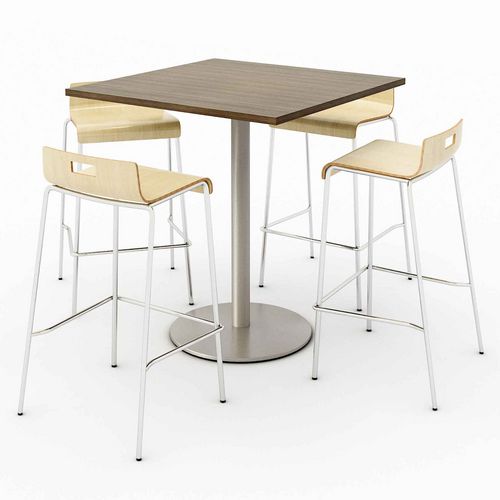 Picture of Pedestal Bistro Table with Four Natural Jive Series Barstools, Square, 36 x 36 x 41, Studio Teak