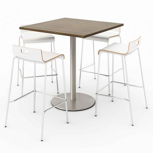 Picture of Pedestal Bistro Table with Four White Jive Series Barstools, Square, 36 x 36 x 41, Studio Teak