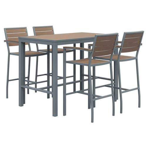 Picture of Eveleen Outdoor Bistro Patio Table with Four Mocha Powder-Coated Polymer Barstools, 32 x 55, Mocha